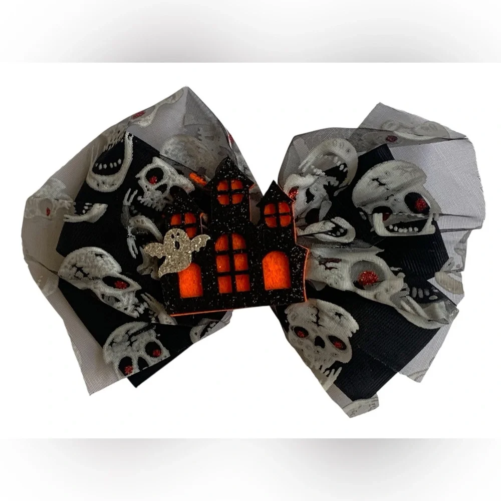 Kids Halloween Costume Hair Accessories Glitter Haunted Ghost House Skulls Bow